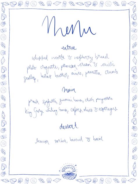 A menu designed for a girls night dinner party. pair with a white wine and limoncello with dessert. made using procreate on ipad Girls Night Dinner Party, Girls Night Dinner, Lemon Sorbet, Dinner Party Menu, Using Procreate, Euro Summer, Party Menu, Lemon Desserts, Menu Design