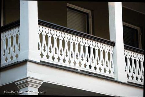 intricate design on these balusters Sawn Balusters, Front Balcony Design, Front Porch Railing Ideas, Porch Balusters, Porch Handrails, Wood Deck Railing, Porch Railing Designs, Front Porch Railings, Deck Railing Ideas