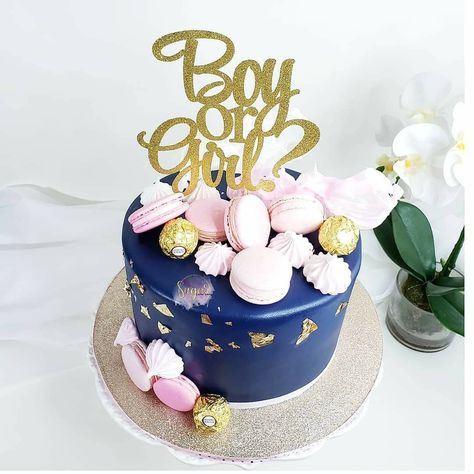 pink gold and navy blue cake Gender Reveal Decorations Diy, Navy Blue Cake, Baby Gender Reveal Announcement, Baby Reveal Cakes, Baby Shower Cake Designs, Pink Baby Shower Cake, Simple Gender Reveal, Blush Pink Baby Shower, Baby Gender Reveal Party Decorations