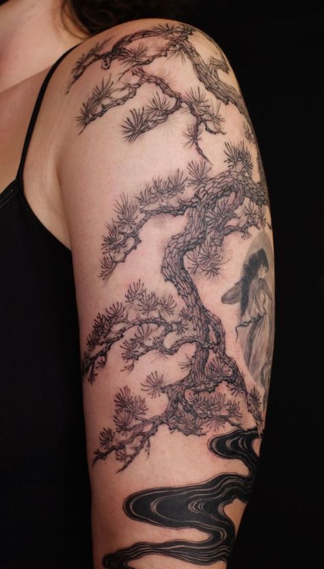 Bonsai Tattoo, Bonsai Tree Tattoos, Roots Tattoo, Emo Tattoos, Oak Tree Tattoo, Tree Tattoos, Japan Tattoo Design, Landscape Tattoo, Tree Tattoo Designs