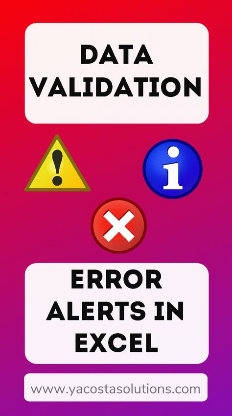 Data Validation rules in Excel are used to control what users can enter in a cell. When you create a Data Validation rule, you can use Data Validation Error Messages to let users know when they type something in error. You can even do custom Data Validation error messages to give your users more information and directions to fix their mistake. Take a look at the different types of error alerts + how to create a custom error message #Excel #spreadsheet #spreadsheets” class= Use Data, Data Validation, Microsoft Excel Tutorial, Excel Tips, Ms Excel, Excel Tutorials, Error Message, A Cell, I Need To Know