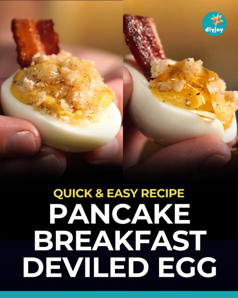 Pancake Breakfast Deviled Egg | Easy Breakfast Recipe | Appetizer Treats via @diyjoycrafts Breakfast Deviled Eggs Recipe, Pancake Deviled Eggs, Pancake Breakfast Deviled Egg, Quick Egg Breakfast Ideas, Thanksgiving Eggs, Breakfast Deviled Eggs, Breakfast Tailgate, Deviled Egg Recipe, Thanksgiving Meals