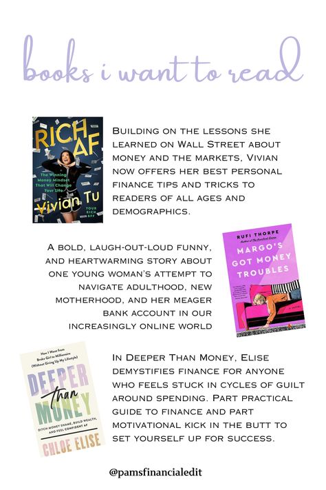 i consume financial content in multiple ways. youtube channels, instagram accounts, podcasts and books. lots of books. 

1. Rich AF by @your.richbff (Vivian Tu)

2. Margo’s Got Money Troubles by @rufithorpe 

3. Deeper Than Money by @deeper.than.money (Chloe Elise)

if you have any more books you recommend, please drop them below in the comments. 

if you want to follow my reading journey (not just with finance), you can follow me on @storygraph & find me under @readingthepaperbacks. Deeper Than Money, Lots Of Books, Finance Investing, Online World, Heartwarming Stories, Money Mindset, How To Get Money, Finance Tips, Instagram Accounts