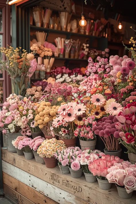 The image shows a flower shop with a variety of flowers in pots and vases. The flowers are mostly pink, white, and yellow, with some green and purple flowers as well ->> more details in ai-img-gen.com Shelves With Flowers, Flower Display Retail, Flower Trailer Ideas, Own Shop Aesthetic, Flower Business Ideas, Lily Bloom Flower Shop, Flowers Shop Aesthetic, Floral Shop Aesthetic, Flower Market Photography