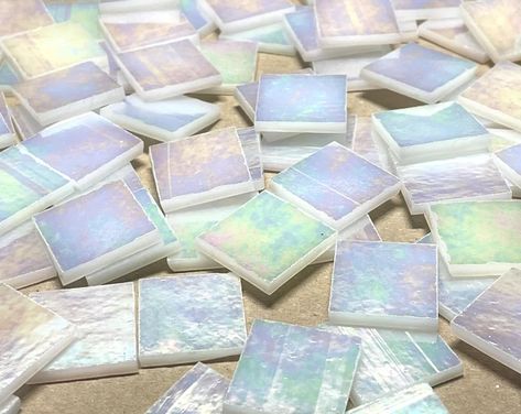 Iridescent bathroom tile | Etsy Iridescent Decor, Mosaic Glass Art, Iridescent Tile, White Bathroom Tiles, Iridescent White, Mosaic Table, White Stain, Glass Tiles, Mosaic Projects