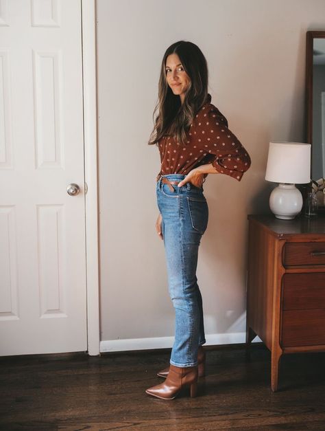 ashley wearing a rust colored peasant blouse, medium wash straight leg jeans, and brown ankle boots standing next to a vintage wood dresser with a white table lamp Ankle Boot Outfit Ideas, Styling Ankle Boots, Ankle Boots Outfit Fall, Fall Style Inspiration, Dressy Fall Outfits, Boston Outfits, Outfit Ideas For Fall, Boots Fall Ankle, Boots For Fall