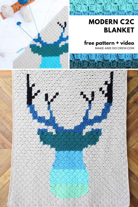 Crochet Deer Blanket Pattern Free, Beginner C2c Crochet Pattern Free, Crochet Deer Blanket, C2c Christmas, Corner To Corner Crochet Pattern, Crochet C2c Pattern, Deer Blanket, C2c Crochet Pattern Free, C2c Crochet Blanket