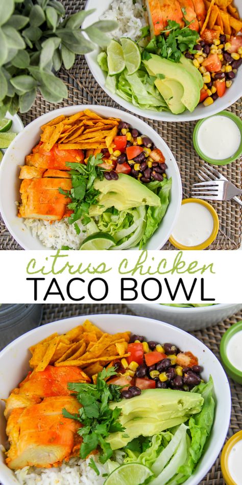 Citrus Chicken Tacos, Chicken Mexican Bowl, Spicy Chicken Taco, Chicken Taco Bowl Recipe, Mexican Bowl Recipe, Chicken Taco Bowl, Chicken Taco Bowls, Taco Bowl Recipe, Taco Bowl