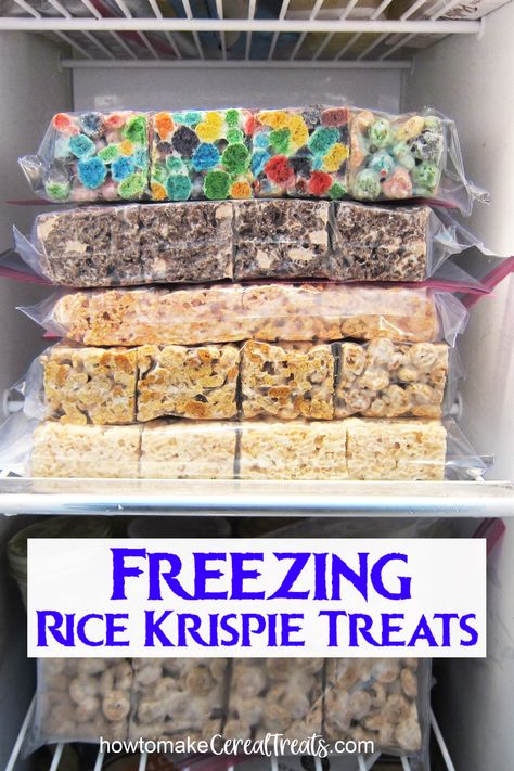 A variety of Rice Krispie Treats and cereal treats packed in Ziploc bags in the freezer. Freeze Rice, Cereal Treat Recipes, Homemade Rice Krispies, Rice Krispie Bars, Homemade Rice Krispies Treats, Best Treats, Bake Sale Recipes, Krispie Treats Recipe, Rice Krispies Treats