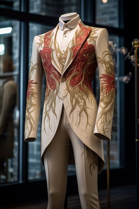 Spider Lily inspired suit Historical Dresses Victorian, Fancy Casual Outfits, Mens Pant, Prince Clothes, Gold Suit, Spider Lily, Gala Outfit, Gala Fashion, Application Icon