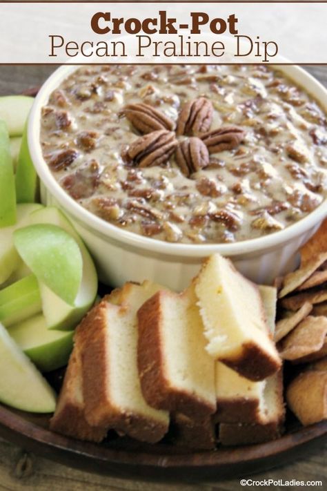 Crock-Pot Pecan Praline Dip - Serve this amazing Crock-Pot Pecan Praline Dip with slices of apples, pound cake or cinnamon pita chips for a sweet dip perfect for the holiday season! You can also spoon this over your favorite ice cream as a dessert sauce. Either way it is going to make your mouth water! [Gluten Free] #CrockPotLadies #CrockPot #SlowCooker #Dips #Dessert #Snacks Pecan Praline Dip, Cinnamon Pita Chips, Dips Dessert, Sweet Dip, Dessert Dip Recipes, Crock Pot Dips, Dessert Snacks, Pecan Praline, Dessert Sauce