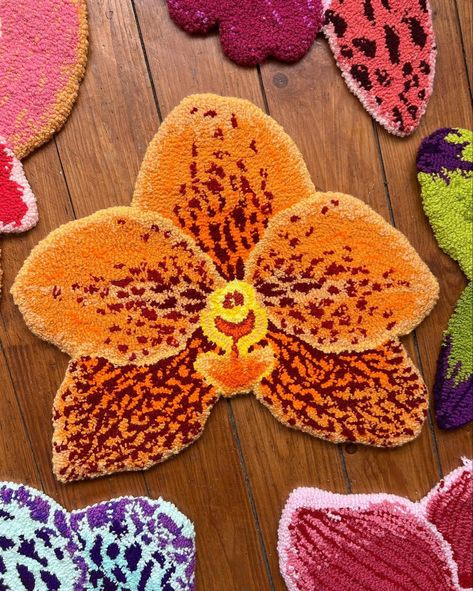 Groovy Rugs, Aesthetic Rugs, Punch Needling, Floral Rugs, Rug Tufting, Funky Rugs, Yellow Orchid, Bullet Journal Banner, Green Orchid