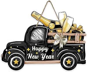 Deroro Happy New Year 2024 Black Golden Truck Front Door Sign, Merry Christmas Wood Door Hanger Outdoor Outside Porch Decor, Xmas Holiday Party Wooden Wreath Indoor Wall Hanging Decoration Outside Porch Decor, Porch Decor Winter, Outdoor Porch Decor, Christmas Champagne, Room Door Decorations, Wooden Wreath, Wreath Indoor, Front Door Christmas Decorations, Winter Holiday Party