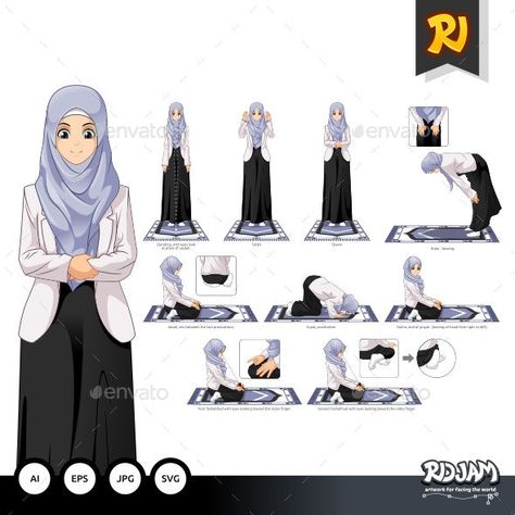 Complete Set of Muslim Woman Prayer Position Guide Step by Step Vector Illustration by ridjam How To Do Wudu For Women, Wudu Steps For Women, Ghusl Bath Steps Women, Sunnah Prayers, Tafsir Coran, Vector Illustration People, Prophets In Islam, Mekka Islam, Muslim Kids Activities