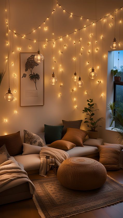 Bedroom Bliss: Cozy Lighting Ideas for a Peaceful Sleep Inside Lights Decor, Light Bulb Lights Bedroom, Diwali Bedroom Decor, Living Room Lighting At Night, Warm Room Lighting, String Lights In Living Room, Warm Lights Bedroom, Soft Lighting Living Room, Comfy Lighting