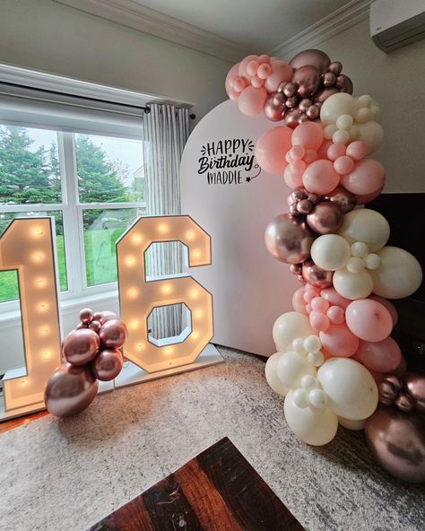 Happy Sweet 16 to Maddie 🎂 This surprise display lit up not just the house, but the faces of family & friends ! 🥰 #sweet16 #birthdayballoons #chiarabackdrop #balloondecore #celebrations #marqueenumbers #16 #sweetsixteen #rosegold #rosegoldballoons #yyt #partydecorations Sweet 16 Balloon Decorations, Happy Sweet 16, 16 Balloons, Rose Gold Balloons, Light Display, 16th Birthday, Sweet Sixteen, Birthday Balloons, Balloon Decorations