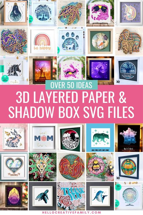 Creating layered paper projects and shadow boxes out of cardstock with your Cricut is one of the most popular Cricut projects! We're sharing a ton of tips, tricks and ideas so that you'll be making 3d layered paper art with your Cricut like a pro! Includes over 50 layered paper project SVGs! Cricut Paper Layering, Cricut 3d Pictures, 3d Layered Shadow Box Svg, 3d Shadow Box Ideas Silhouette Projects, Cameo Paper Projects, Cricut Card Stock Ideas, Circuit Cardstock Projects, Basic Cricut Projects, Cricut Magnet Ideas