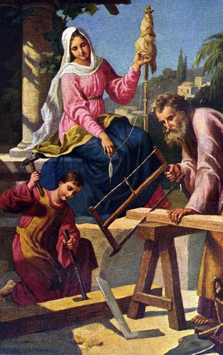 Young Jesus taking his first carpentry lessons from Father Joseph alongside Mother Mary Holy Family Pictures, Jesus Childhood, Jesus Background, Vintage Holy Cards, Jesus Mary And Joseph, Jesus And Mary Pictures, Christian Images, Angel Images, Catholic Images