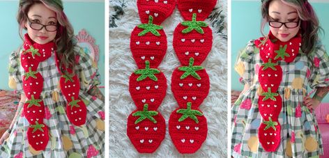 New Crochet Pattern: Strawberry Scarf | Twinkie Chan Blog Strawberry Scarf Crochet, Strawberry Cat Hat Crochet Pattern, Crochet Puff Strawberry, Strawberry Bandana Crochet, Strawberry Scarf, Crochet Strawberry Cat Hat, Twinkie Chan, Crochet Womens Scarf, Simply Crochet