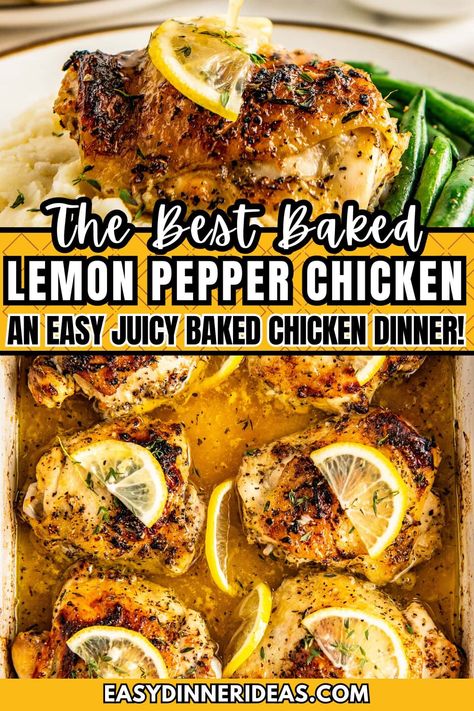 Seasoned with zesty lemon, fresh thyme and lots of cracked black pepper, this baked lemon pepper chicken recipe is super juicy with crispy, flavorful skin. While it looks impressive, it is actually a breeze to make and you probably have most of the ingredients on hand. Since you can fully prep it the day before, it's a great easy dinner idea for guests! Lemon Pepper Chicken Legs Baked, Lemon Pepper Chicken Oven Baked, Chicken Thigh Recipes Lemon Pepper, Easy Lemon Pepper Chicken Baked, Lemon Pepper Rotisserie Chicken Recipes, Lemon Pepper Chicken Legs In Oven, Baked Chicken Recipes Lemon, Whole Chicken Breast Recipes, Lemon Pepper Chicken And Potatoes