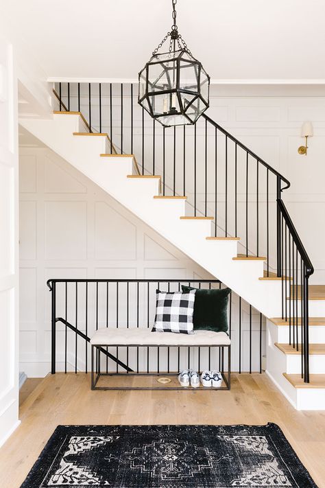 In-Town Haven - Colorado Homes & Lifestyles Modern Farmhouse Staircase, Farmhouse Staircase, Farmhouse Stairs, Modern Farmhouse Entryway, Entryway Stairs, Diy Staircase, Under The Stairs, Farmhouse Entryway, Staircase Decor