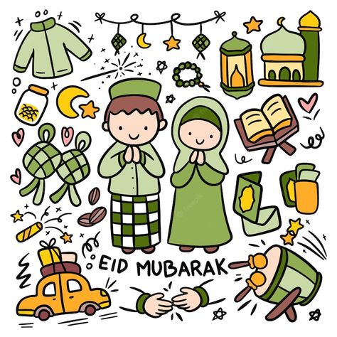 Premium Vector | Eid al fitr celebration doodle set idul fitri kawaii clip art Stiker Idul Fitri, Kad Raya, Poster Ramadhan, Eid Envelopes, Eid Hampers, Eid Al Adha Greetings, Kawaii Doodle, Ramadhan Kareem, Deer Cartoon