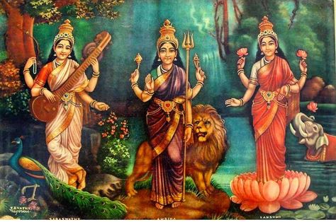 Mata Saraswati , Mata Parvati and Mata Lakshmi Saraswati Painting, Saraswati Goddess, Kerala Mural Painting, Shakti Goddess, Durga Images, Kali Goddess, Indian Painting, Hinduism Art, Vedic Art