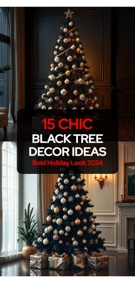 black Christmas tree decoration ideas Black White And Gold Christmas, Black Xmas Tree, Purple Christmas Tree Decorations, Black Christmas Tree Ideas, Retro Holiday Cards, Black Christmas Tree Decorations, Black Christmas Decorations, Christmas Tree Decoration Ideas, Tree Decoration Ideas