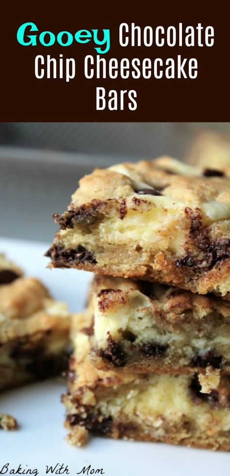 Gooey Chocolate Chip Cheesecake Bars easy dessert with cream cheese filling and classic chocolate chip bars #chocolatechip #cheesecake #bakingwithmom Cheesecake Bars Easy, Chocolate Chip Cheesecake Bars, Chocolate Chip Cookie Cheesecake, Easy Dessert Recipe, Cheesecake Bar Recipes, Chocolate Chip Cheesecake, Chocolate Chip Cookie Bars, Cheesecake Cookies, Cake Bars