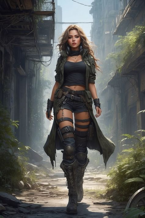 Assassin Clothing, Post Apocalyptic Outfit, Zombie Apocalypse Outfit, Apocalypse Character, Fashion Show Themes, Apocalyptic Clothing, Apocalyptic Fashion, Fantasy Warrior, Female Character Design