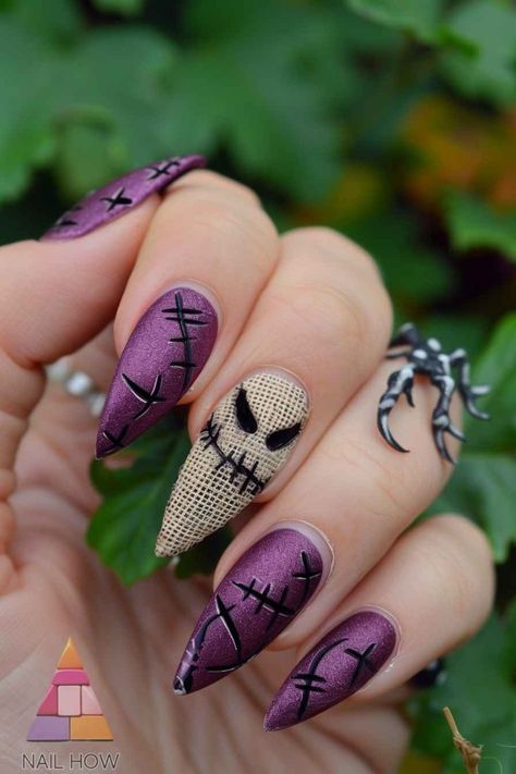 Purple Designs Nails, Stitch Halloween Nails, Stitched Nails, Stitch Nail Designs, Textured Nail Art, Nail Art Almond Nails, Stitch Nails, Rave Nails, Feet Nail Design