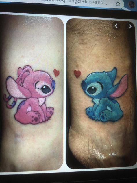 Lilo And Stitch Angel Tattoo, Angel Stitch Tattoo, Stitch And Angel Tattoo Couple, Stitch And Angel Tattoo, Tattoo Partner, Girlfriend Tattoos, Disney Inspired Tattoos, Partner Tattoos, Couples Tattoo