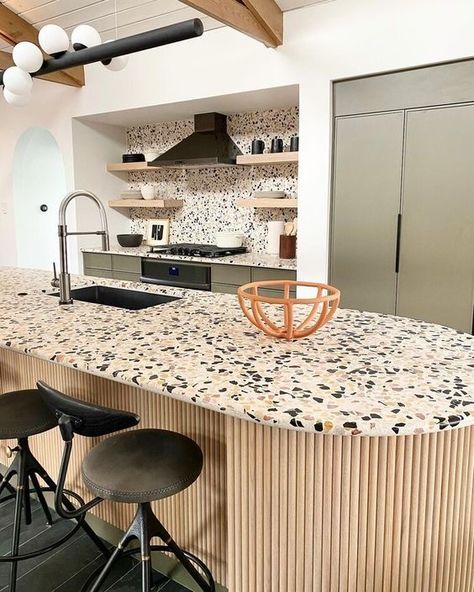 Terrazzo Kitchen Countertops, Kitchen Terrazzo, Terrazzo Countertop, Terrazzo Kitchen, Olive Green Kitchen, Concrete Collaborative, Modern Terrazzo, Green Kitchen Designs, White Modern Kitchen