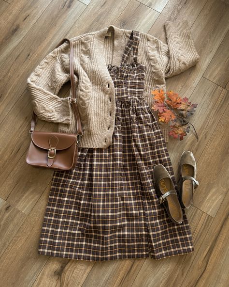 This brown plaid midi dress with this cozy beige knit cardigan is the perfect thanksgiving outfit! Paired with these velvetr sage green mary jane ballet flats and a cute brown crossbody bag. Fall outfits 2024. Thanksgiving outfits 2024. Fall Dress Outfit Casual, Mary Jane Outfit Ideas, Fall Cottagecore Outfits, Beige Knit Cardigan, Cute Thanksgiving Outfits, Mary Jane Ballet Flats, Brown Crossbody Bag, Cottagecore Outfits, Fall Dress Outfit