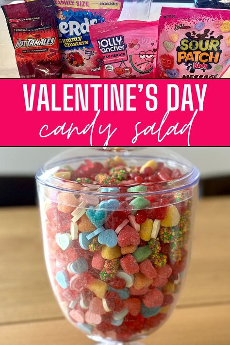 How to make a TikTok viral candy salad for Valentine's Day parties! Candy Salad Tiktok, Salad Tiktok, Chocolate Alternatives, Candy Salad, Valentines Candy, Valentines Day Desserts, Tiktok Viral, Valentine Candy, Valentines Day Party