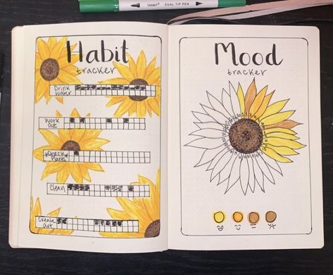 Sunflower Habit Tracker, August Habit Tracker Bullet Journal, August Bujo Theme Ideas, Bujo Sunflower Theme, Sunflower Journal Ideas, Sunflower Bullet Journal Theme, August Bullet Journal Mood Tracker, Journal Ideas August, Sunflower Mood Tracker