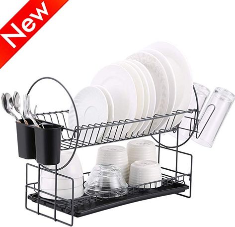 Amazon.com: 2 Tier Dish Drying Rack, Kitchen Organizer with Drainboard/Cutlery Cup (Gray): Kitchen & Dining Drying Rack Kitchen, Utensil Caddy, Dish Drying Rack, Cutlery Holder, Dish Drainers, Rack Kitchen, Grey Metal, Kitchen Organizer, Dish Rack Drying