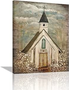 Farmhouse Decor Wall Art Country Church Pictures Christian Religious Faith Framed Artwork Rustic Canvas Prints Painting Vintage Cotton Encircled Church Poster for Church Living Room Bedroom 12"x16" Country Farmhouse Decor Living Room, Bachelor Decor, Wall Art Country, Bedroom Frames, Church Pictures, Church Poster, Heart Wall Decor, Style Cottage, Country Church