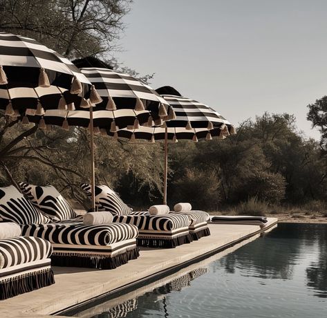 Africa House, Pool Umbrellas, Watering Hole, Pool Lounge, Black And White Tiles, Pool Decor, Pool Furniture, The Bush, Outdoor Inspirations