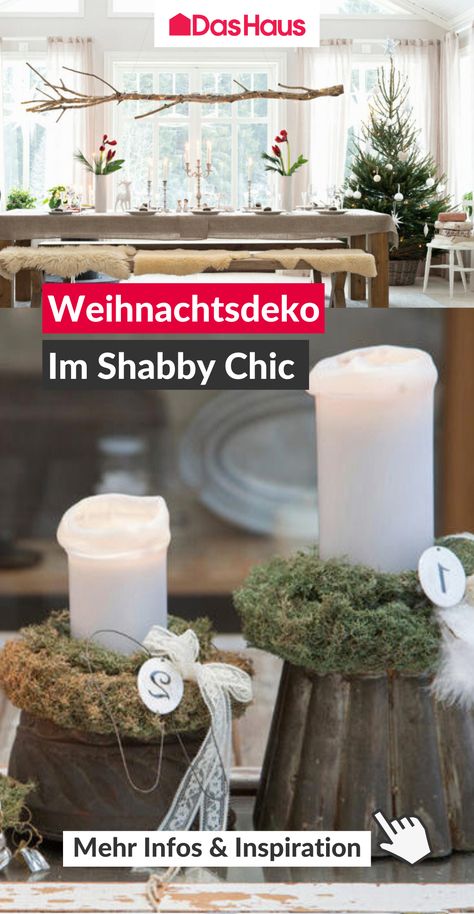 Den Shabby Chic Stil kennen wir als unkomplizierten, individuellen Wohnstil, dessen Markenzeichen Nostalgie, frische, helle Farben und der Charme des Unperfekten sind. Das passt genau zur winterlichen Gemütlichkeit und stimmungsvollen Weihnachten. Die besten Tipps für die Shabby Weihnachtsdekoration findet ihr im Artikel #dashaus #weihnachtsdeko #shabbychic #wohnstil #weihnachten #deko Shabby Chic, Table Decorations, Home Decor