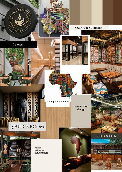 African Theme Restaurant, Restaurant Moodboard Interiors, Modern African Restaurant Design, Cafe Mood Board Inspiration, Resturant Board Design, African Inspired Restaurant Decor, African Coffee Shop, African Restaurant Design Interiors, African Mood Board