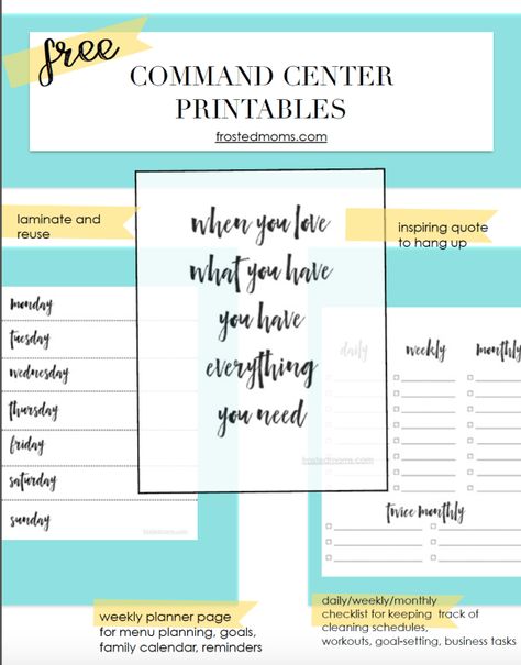 Command Center Ideas + Free Printable Planner Pages and Inspiring quote. Get organized! via Misty Nelson @frostedevents frostedmoms.com Mom blogger Command Board, Comand Center, Free Printable Planner Pages, Command Center Ideas, Neat Organization, Diy Command Center, Home Printables, Organization Ideas For The Home, Parent Board