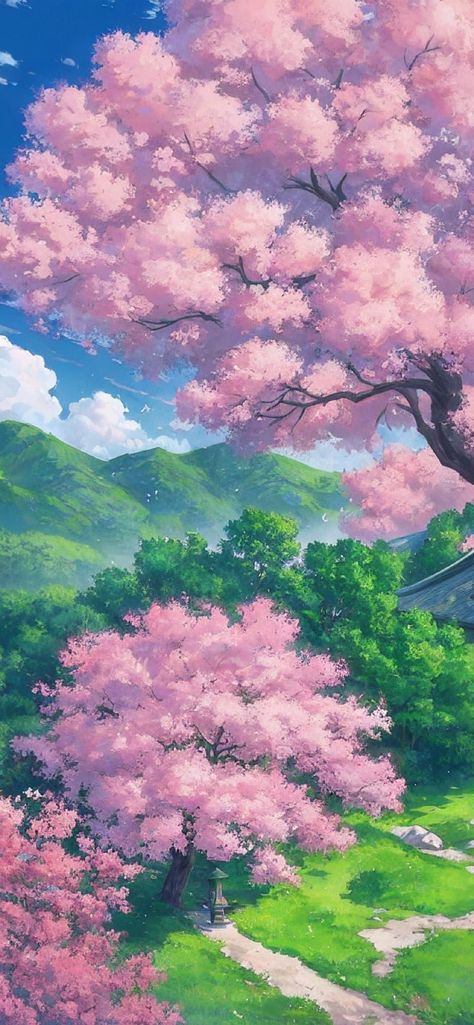 Japan Background, Sakura Aesthetic, Sakura Trees, Ghibli Background, Pink Blossom Tree, Drawing 101, Cherry Blossom Wallpaper, Studio Ghibli Background, Ghibli Anime