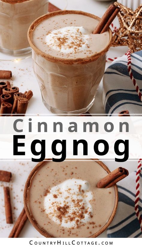 Celebrate the holidays with a festive cinnamon eggnog! This easy spiced eggnog recipe combines creamy eggnog and warming cinnamon for the coziest sip of the season. It's a delicious drink to warm up your festive celebrations. Eggnog is a classic wintertime and holiday drink. It has a rich, creamy texture and is traditionally made with milk, sugar, egg yolks, and sometimes egg whites. This homemade cinnamon eggnog is beautifully thick and creamy and wonderfully spiced. | CountryHillCottage.com Home Made Eggnog Recipes, Southern Comfort Eggnog, Homemade Eggnog Recipe, Alcoholic Eggnog, Dairy Free Egg Nog, Eggnog Dessert, Eggnog Recipes, Eggnog Recipe Homemade, Spiced Eggnog