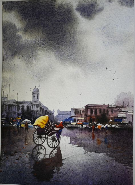 Kolkata Rainy Day, Rain In Kolkata, Kolkata Painting, Master Watercolor, Karan Singh, Colour Painting, Watercolor Drawing, Water Colour, Miniature Painting