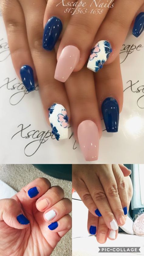 Peach Blue Nails, Blue Peach Nails, Peach And Blue Nails, Blue And Beige Nails, Navy Blue Nail Designs, Sophisticated Nails, Glitter Tip Nails, Pretty Tips, Blue And White Nails