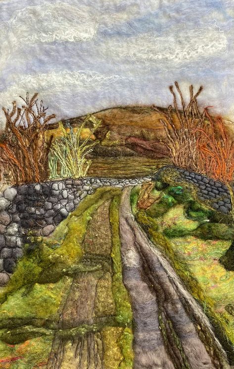 Mixed Media Landscape, Mixed Media Textile Art, A Level Textiles, Mixed Media Textiles, Landscape Art Quilts, Applique Art, Country Lane, Landscape Quilt, Wet Felting Projects