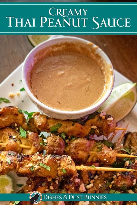 Give your meals an extra kick of flavor with this easy-to-make Thai Creamy Peanut Sauce! It's perfect for dipping, drizzling, or marinating – making it a must-have for anyone who loves adding some extra excitement to their favorite dishes. Plus, its creamy texture and delicious taste make it an unforgettable addition! Salsa For Chicken, Chicken Satay Skewers, Thai Peanut Sauce, Dust Bunnies, Thai Peanut, Asian Sauce, Creamy Dip, Fruit Salsa, Chicken Satay