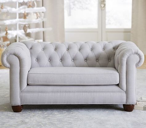 Chesterfield Mini Sofa Quick Ship (1-3 weeks) Natural Linen 47.75"W x 24.75"D x 22.5"H Small Couch In Bedroom, Pottery Barn Sofa, Cheap Couch, Diy Kids Furniture, Mini Sofa, Childrens Bedroom Furniture, Small Couch, Loft Furniture, Bedroom Couch