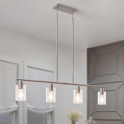 Breakwater Bay Mariami 4 - Light Kitchen Island Linear Pendant | Wayfair Brass Kitchen Island, Modern Kitchen Pendant Lights, Modern Linear Chandelier, Kitchen Lights, Kitchen Chandelier, Farmhouse Light Fixtures, Linear Pendant Light, Kitchen Island Linear Pendant, Light Kitchen Island